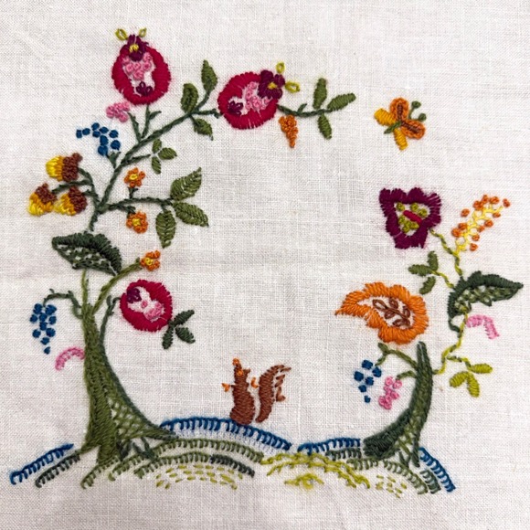 Other - Vintage Hand Embroidered Linen Panel Squirrel Floral Crewel Folk Art 13x14